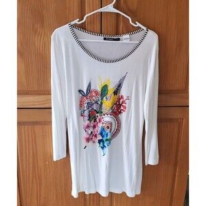 Desigual Top Womens XL NWT White Long Sleeve With Sequin Bead Floral Graphic